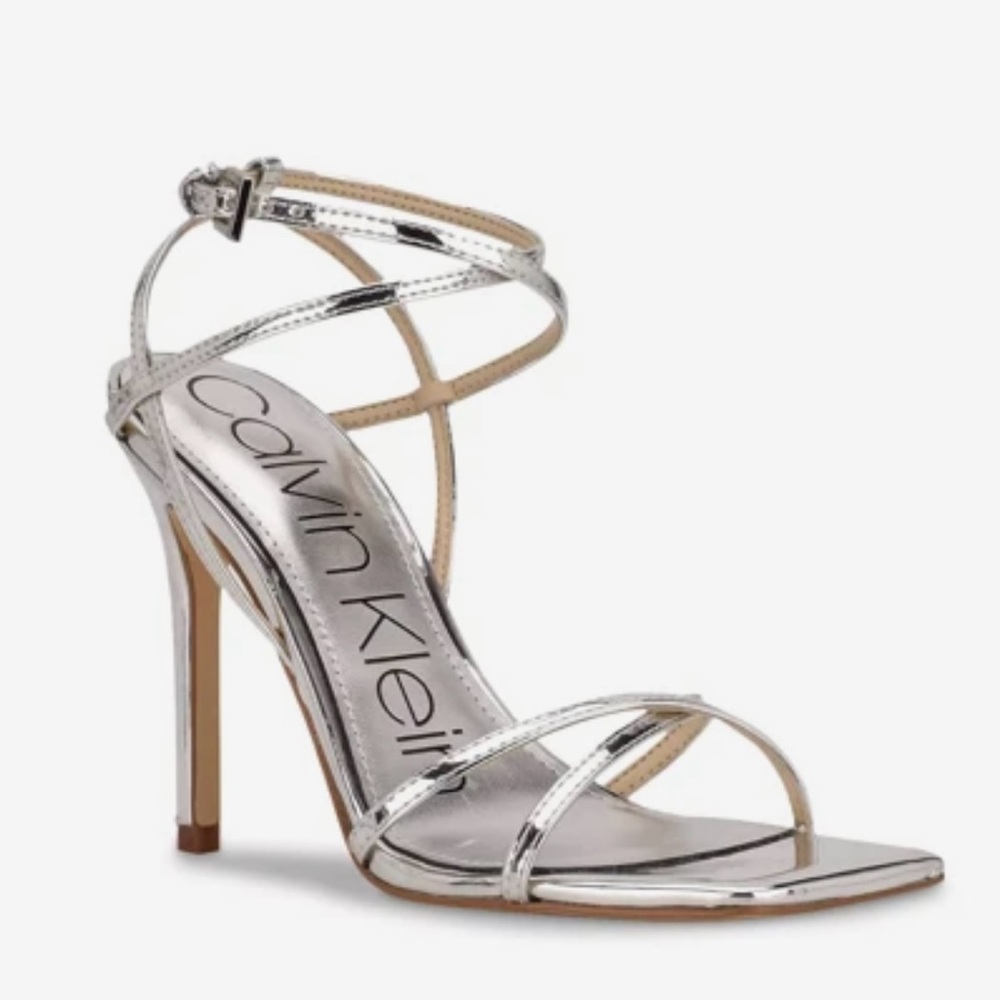 NEW CALVIN KLEIN TEGIN STRAP SANDAL STILETTO HEEL SIZE 7 M SILVER METALLIC SHOES